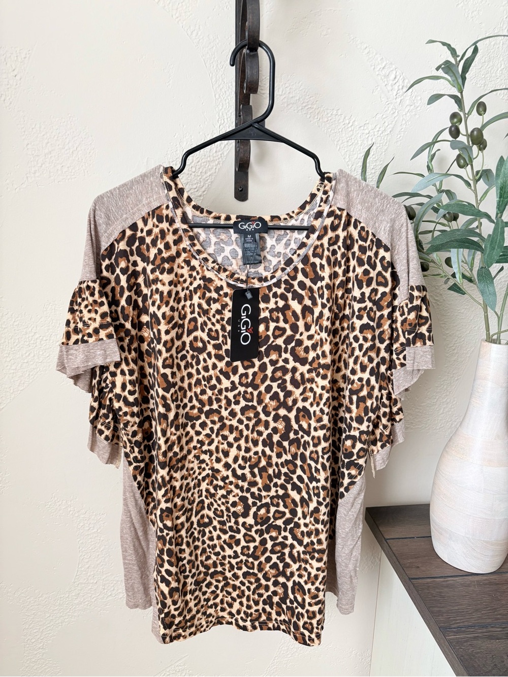 Leopard Print Ruffle Sleeve Women's Top - Brown